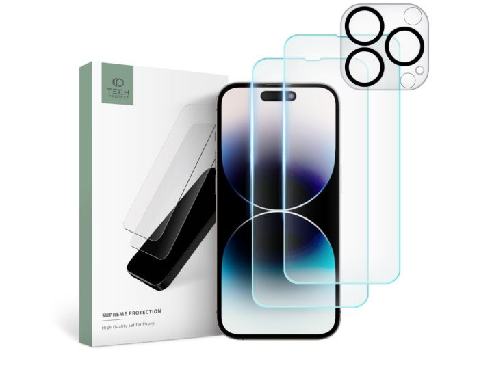TECH-PROTECT Supreme Tempered Glass Set 2+1 Pack Σετ Προστασίας Οθόνης και Κάμερας - Clear (iPhone 14 Pro Max)
