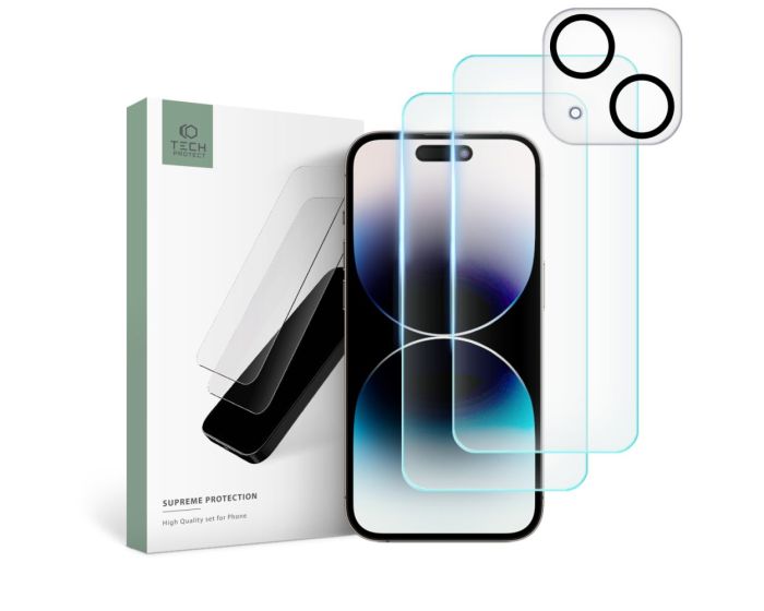 TECH-PROTECT Supreme Tempered Glass Set 2+1 Pack Σετ Προστασίας Οθόνης και Κάμερας - Clear (iPhone 15)