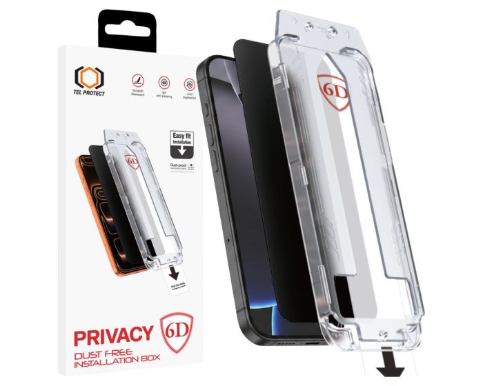 Tel Protect Dust-Free Easy Fit Privacy Full Glue Αντιχαρακτικό Γυαλί 9H Tempered Glass Black (iPhone 15 Pro Max) - MT83785