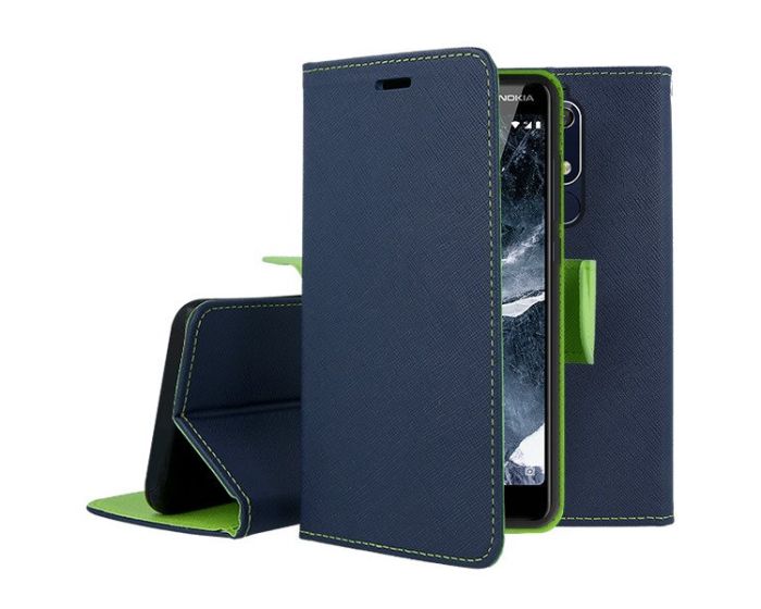 Tel1 Fancy Diary Case Θήκη Πορτοφόλι με δυνατότητα Stand Navy / Lime (Nokia 5.1 2018)