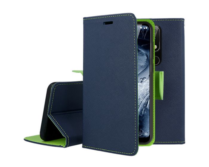 Tel1 Fancy Diary Case Θήκη Πορτοφόλι με δυνατότητα Stand Navy / Lime (Nokia 6.1 Plus / X6)