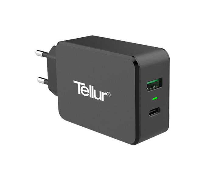 Tellur Dual USB Wall Charger USB / Type-C PD QC3.0 Διπλός Αντάπτορας Φόρτισης 6A - Black
