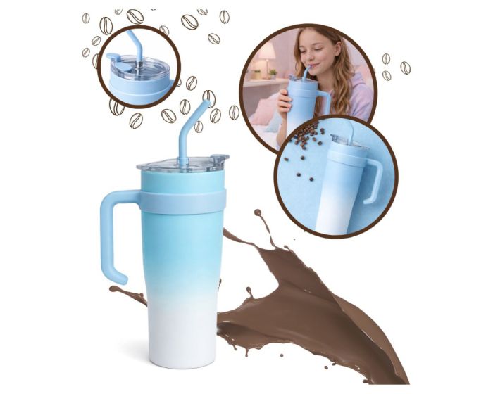 Thermal Mug 1200ml with Straw Ποτήρι Θερμός με Καλαμάκι Blue / White Gradient - MT84468