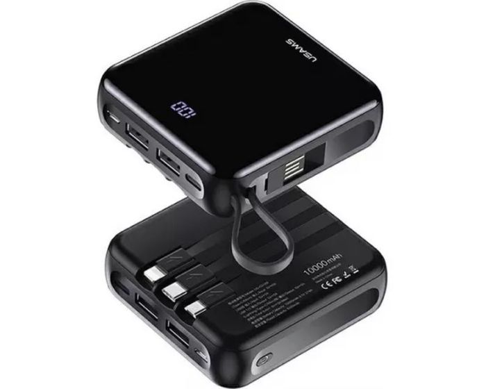 Usams Mini Power Bank PB61 2x USB Port 2A (US-CD169) 10000mAh with Micro USB, Lightning, Type-C Cables - Black