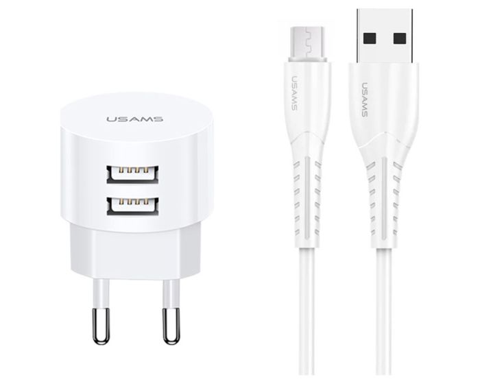 Usams Wall Charger T20 Round 2xUSB 2.1A + Cable Micro USB (XTXLOGT18MC05) Αντάπτορας Φόρτισης Τοίχου - White