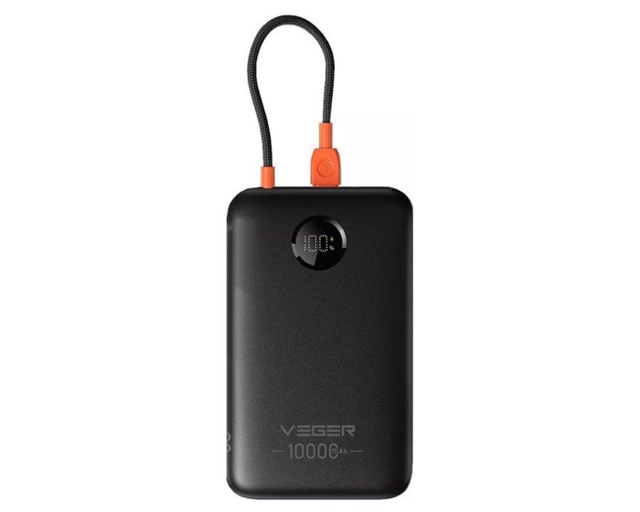 Veger K1C W1189 Power Bank 10000mAh with built-in Cable Type C QC3.0 PD 2A 22,5W Εξωτερική Μπαταρία - Black - MT82713