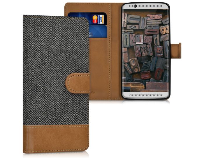 KWmobile Canvas Wallet Case (39363.05) Θήκη Πορτοφόλι με δυνατότητα Stand‏ Grey / Brown (ZTE Axon 7 Mini)