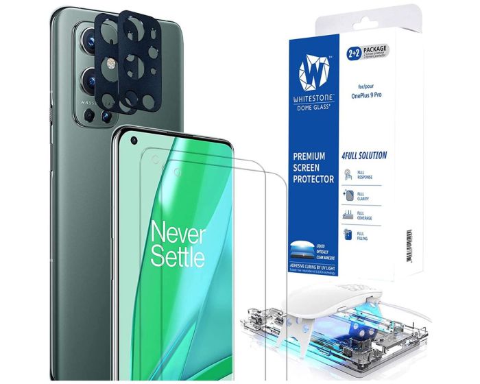Whitestone Dome Glass (Liquid Dispersion Tech) Full Cover Tempered Glass Screen Protector + Camera Lens Protection [2+2Pack] (OnePlus 9 Pro)