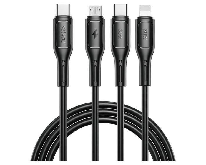 WIWU Wi-046E 3in1 Starlink Series Data Cable Καλώδιο Φόρτισης 60W Type-C σε Type-C / Lightning / Micro USB 1m - Black - MT82646