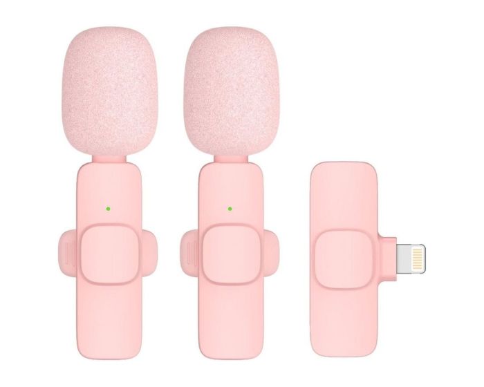 K1 Wireless Lavalier Microphone Double 2 in Set with Long Hair Ασύρματο Μικρόφωνο με Θύρα Lightning - Pink