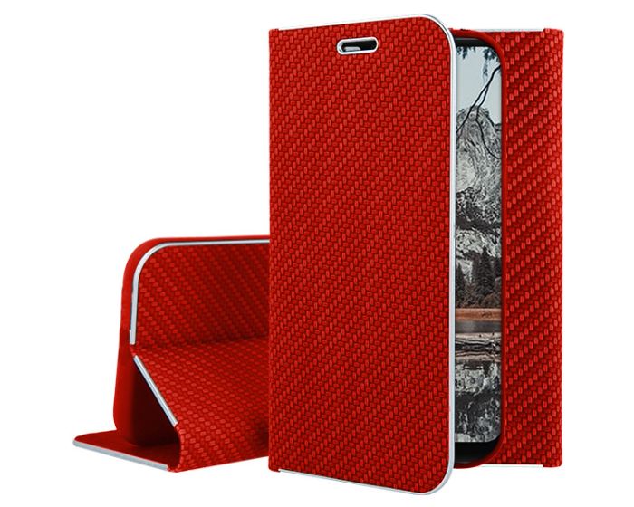 Vennus Book Carbon Case με Δυνατότητα Stand - Θήκη Πορτοφόλι Κόκκινο (Xiaomi Pocophone F1)