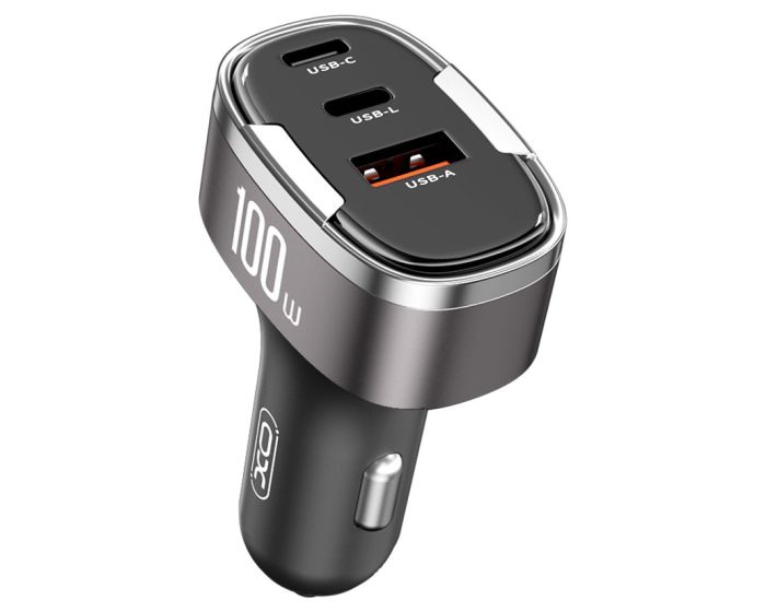 XO CC61 Car Charger 1xUSB-A / 1xType-C / 1xLightning PD QC 3.0 100W Φορτιστής Αυτοκινήτου - Gray