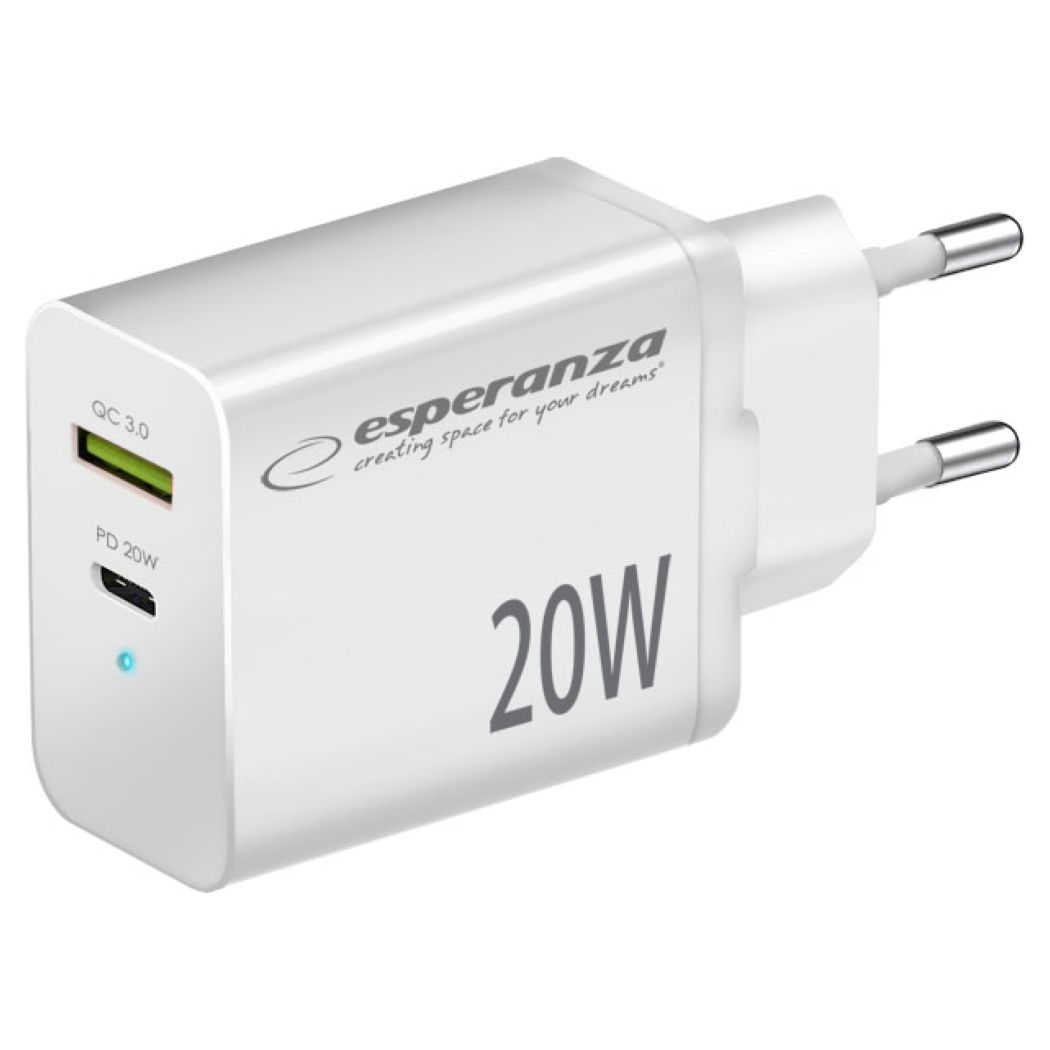 Esperanza EZC105W Fast Wall Charger 20W PD QC 3.0 USB / Type-C Αντάπτορας Φόρτισης - White