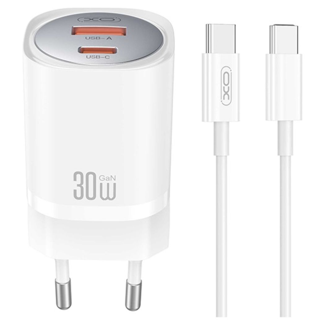 XO CE21 Wall Charger USB / Type-C 30W QC3.0 PD + Cable Type C to Type C Αντάπτορας Φόρτισης - White - MT80320