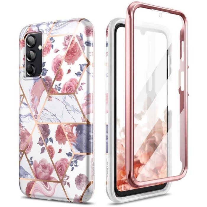 Εντυπωσιακή TECH-PROTECT Velar Full Body Case για Samsung Galaxy A14 4G / 5G, σχέδιο-marble με τριαντάφυλλα.